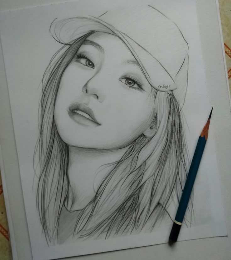 a pencil drawing of a woman's face with a baseball cap on her head