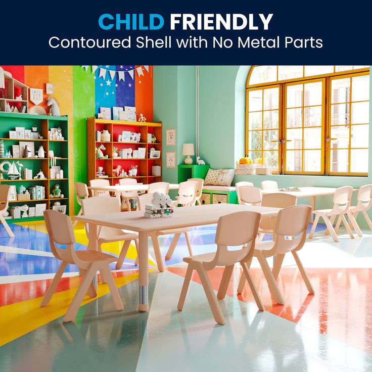 Amplify any classroom or playroom with the functionality and convenience of the Flash Furniture Emmy Adjustable Activity Table Set. This versatile plastic activity table and chairs set offers endless possibilities in your home or classroom and is great for learning, playing, arts and crafts, meal time, homework, and much more. Featuring sturdy adjustable legs, the classroom table gives you the flexibility to raise or lower its height to accommodate kids and toddlers ages 2-6. The stackable shell Class Room Tables, Kids Dining Table, Classroom Table, Playroom Table, Kids Play Table, Classroom Tables, Classroom Furniture, Play Table, Activity Table