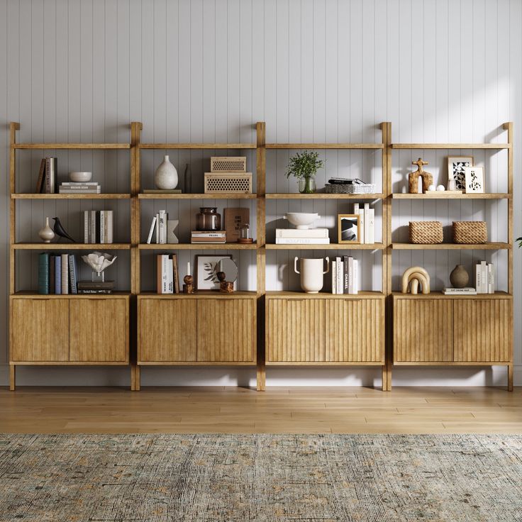 a living room with a book shelf and rug