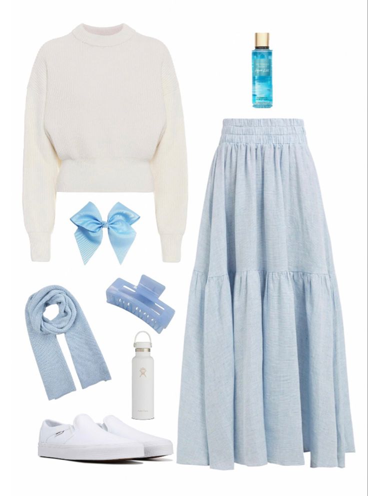 Blue Outfit Aesthetic Hijab, Light Blue Long Skirt Outfit, Light Blue Skirt Outfit Ideas, Sky Blue Skirt Outfit, Blue And White Aesthetic Outfit, Light Blue Aesthetic Outfit, Long Blue Skirt Outfit, Blue Modest Outfit, Light Blue And White Outfit