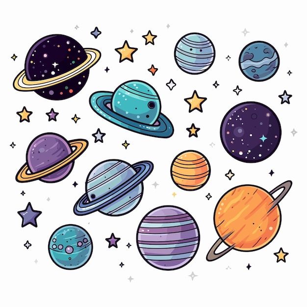 the planets and stars wall stickers are in various colors, sizes and shapes on white background