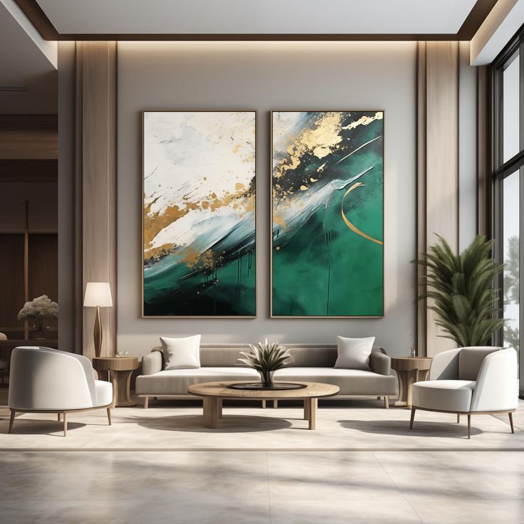 a living room with two paintings on the wall