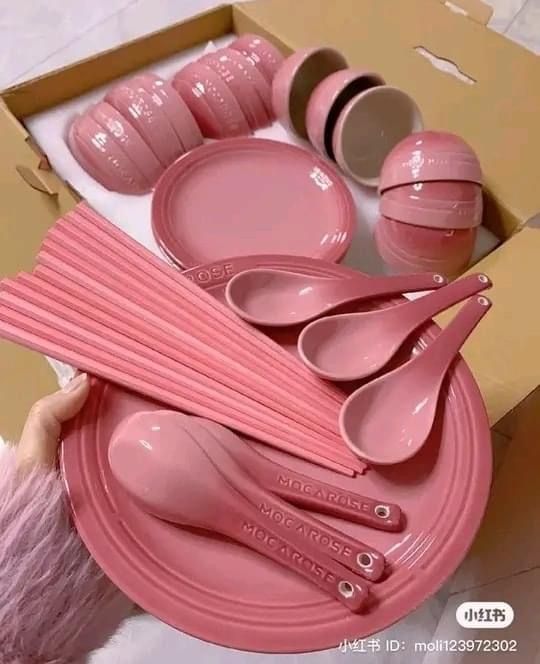 pink dinnerware set with matching utensils in box