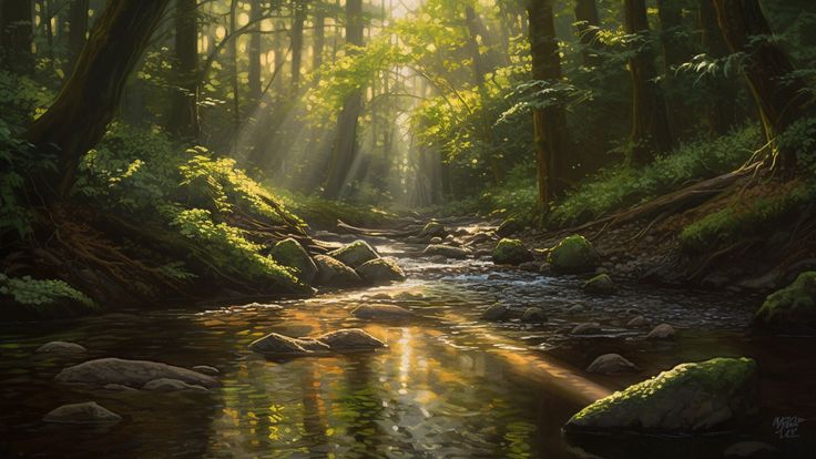 a painting of a stream in the woods with sunbeams shining down on it