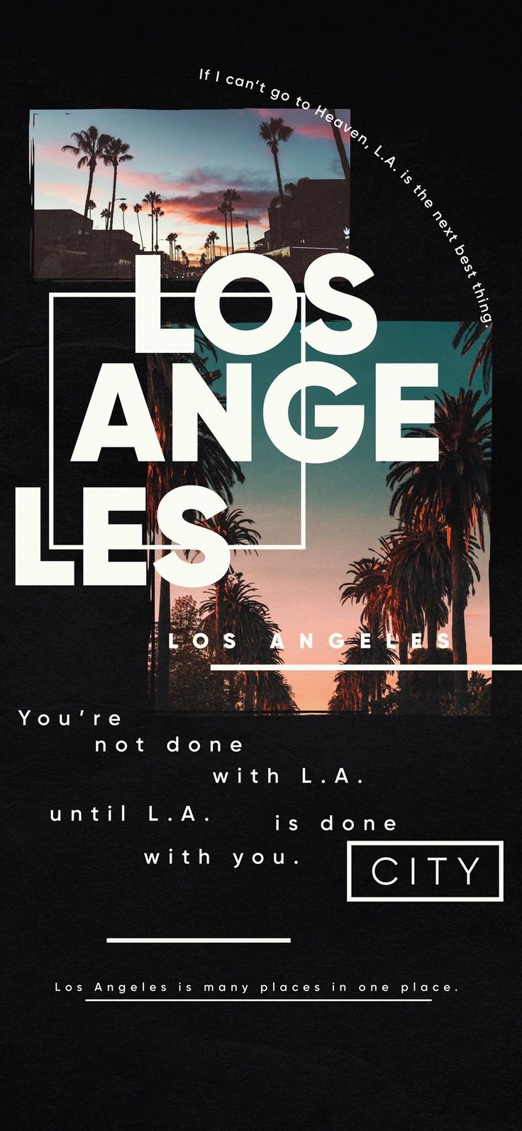 an advertisement for los angeles, with palm trees in the background