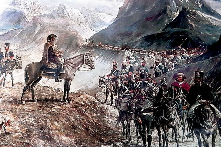 a painting of men in uniforms on horseback and horses with mountains in the back ground