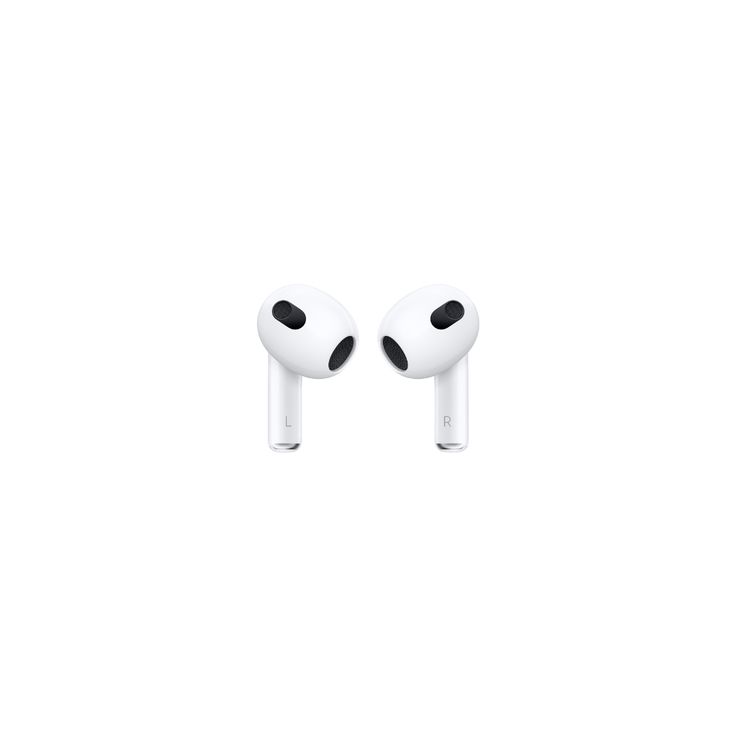 two airpods sitting side by side in front of a white background with black dots