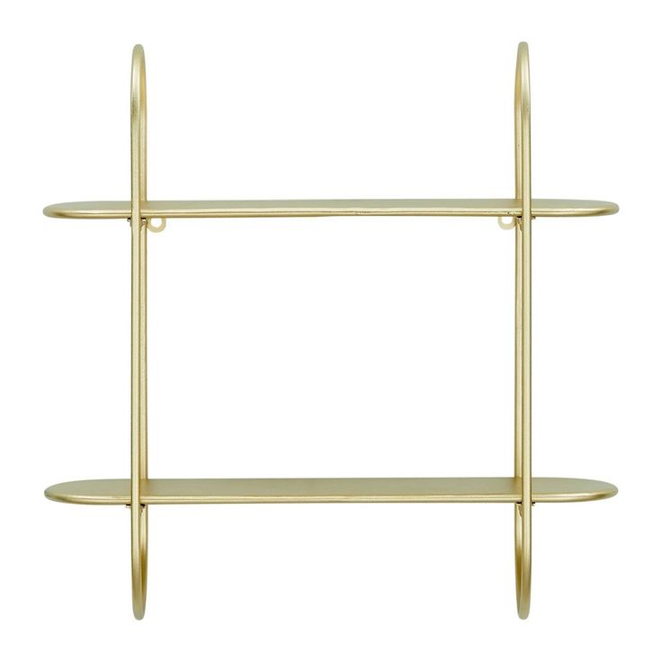 a gold shelf with two shelves on each side