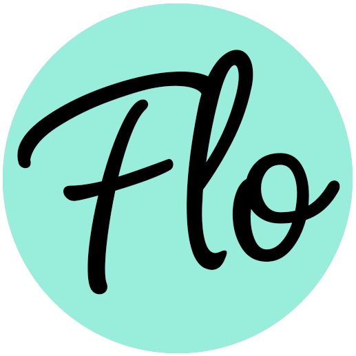 the word flo written in black on a blue circle