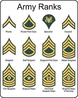 army rank insignias are shown in green and gold