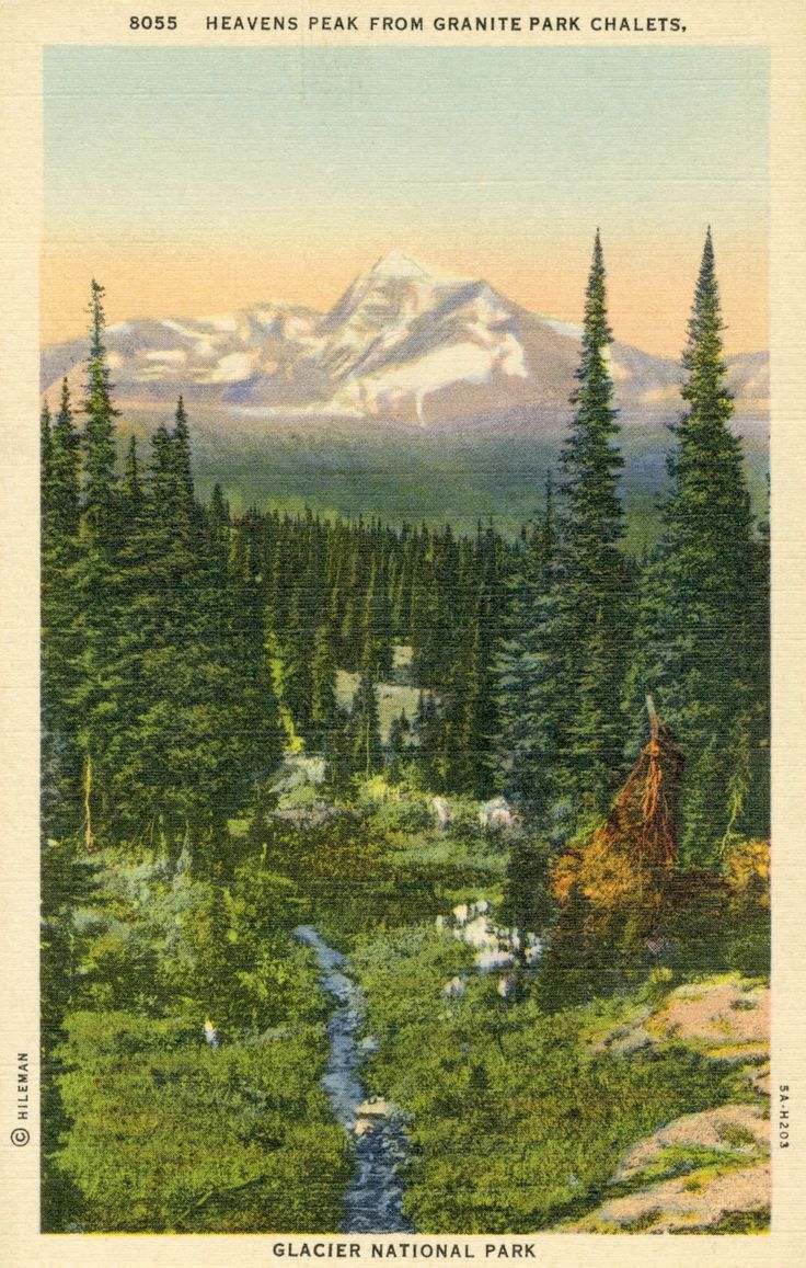 an old postcard shows the view of a mountain range and stream in the foreground