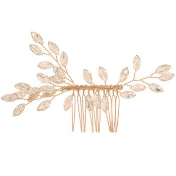 Vine Rhinestone Hair Comb will ensure that you create a unique hairstyle for your special day! Featuring a gold colored metal comb with bendable wires with leaf shaped rhinestones, this comb can be customized and embellished any way you see fit. Glide it into your perfect wedding day hairstyle!     Dimensions:    Length: 3"  Width: 4 3/4"      Package contains 1 comb. Communion Hairstyles, Rhinestone Hair Comb, Metal Comb, Personalized Thank You Cards, Rhinestone Hair, Wedding Bridal Party, Coin Pearls, Bride Accessories, Wedding Jewelry Bracelets