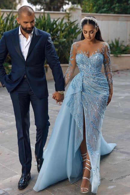 Split Prom Dresses, Dinner Dress Classy, Long Sleeve Prom, Blue Wedding Dresses, Glamour Dress, Classy Dress Outfits, فستان سهرة, Engagement Dresses, Prom Dresses With Sleeves