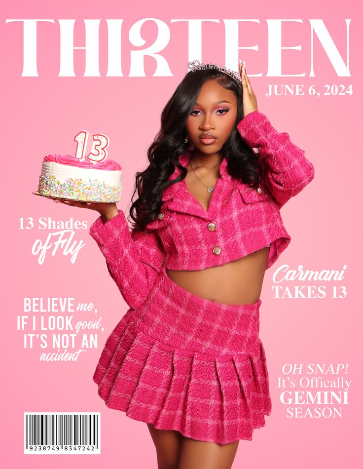 the cover of thirteen magazine features a woman in a pink outfit holding a birthday cake