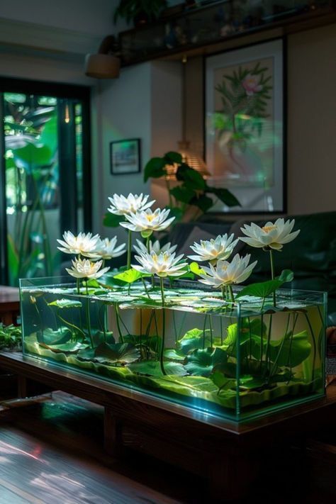 some white water lilies in a glass box