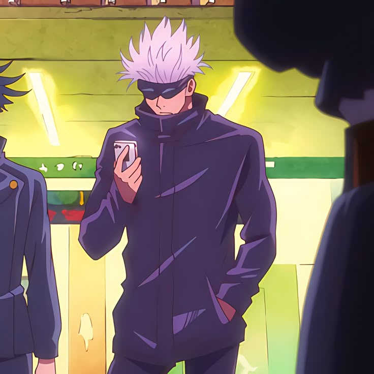 two anime characters are looking at their cell phones while standing in front of each other