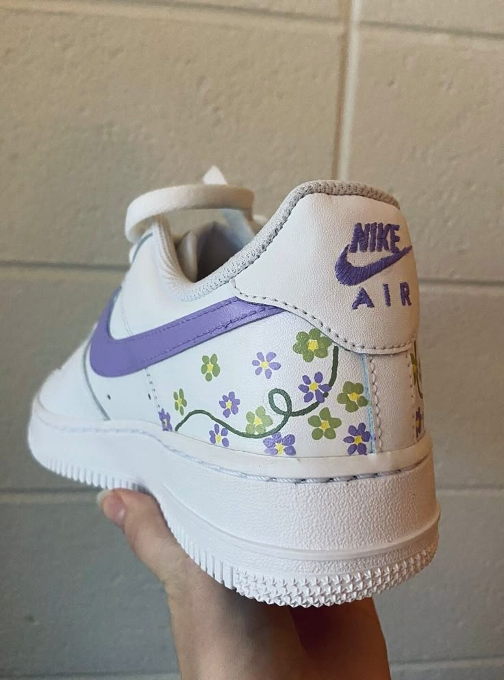 Custom painted lavender Nike Air Force 1s with flowers and vines Painted Shoes Diy, Custom Sneakers Diy, Iconic Shoes, Custom Shoes Diy, Painted Sneakers, Nike Air Force 1s, Air Force 1s, Preppy Shoes, Custom Air Force 1