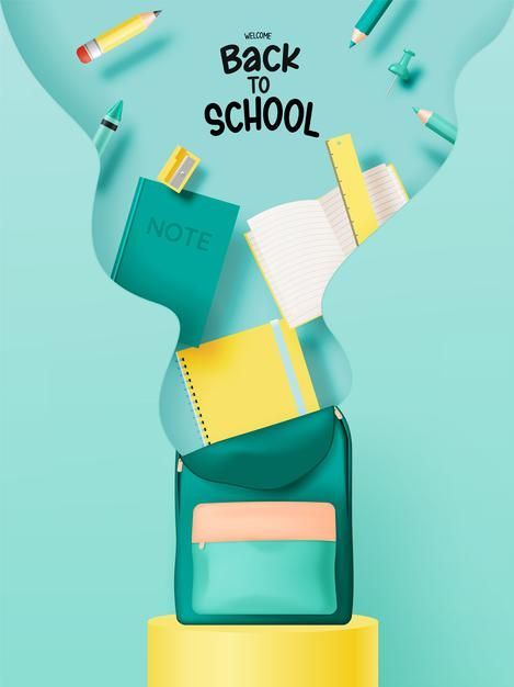 back to school poster with pencils, books and other items on top of it