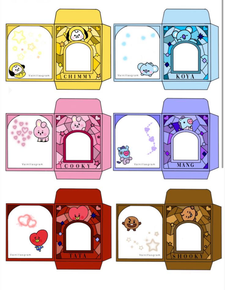 an assortment of different colored boxes with cartoon characters on the front and back sides, all in