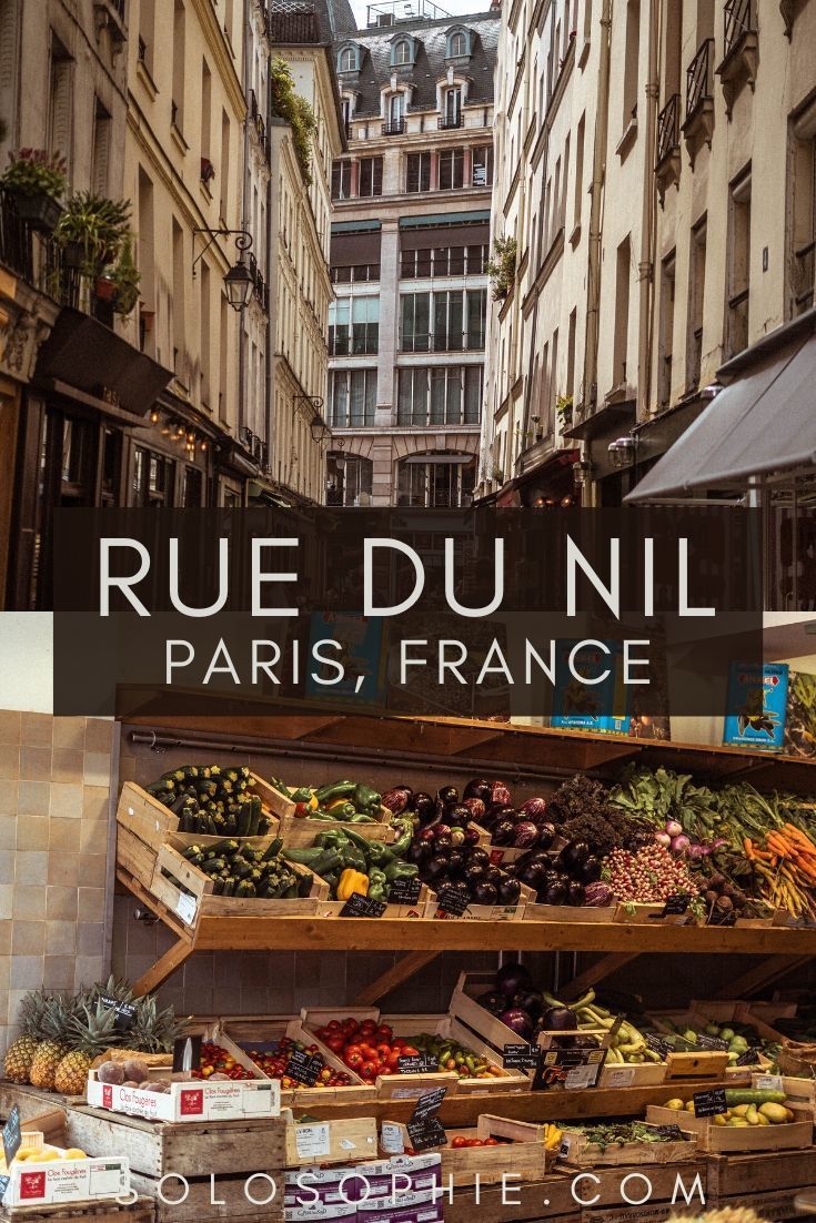 an outdoor market with fruits and vegetables on display in front of tall buildings that read rue du nil paris, france