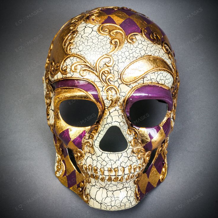 Product Description: Get Ready For Halloween And Masquerade Parties With The Venetian Mardi Gras Candy Skull Full Face Mask. This Eye-Catching Mask Combines The Fun Of Venetian Masquerades, The Color Of Mardi Gras, And The Special Look Of Day Of The Dead. This Mask Is Handcrafted From A Plastic Base, Adorned With Shimmering Gold Foil And Painted In Rich Purple Tones, Offering A Luxurious And Eye-Catching Design. The Mask Is Big Enough To Fit Most Adults Comfortably, Measuring About 11 Inches Hig Purple Masks And Prosthetics For Halloween Masquerade, Purple Halloween Masquerade Masks And Prosthetics, Purple Halloween Mask And Prosthetics, Mardi Gras Candy, Dead Of The Dead, Fantasy Objects, Candy Skull, Fantasy Ideas, Venetian Masquerade