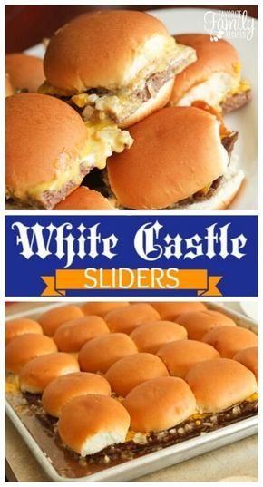 white castle sliders with cheese on top and in the background, there is an image of