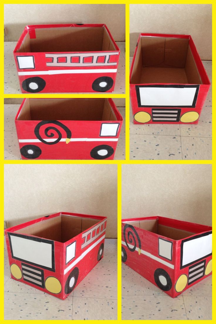 four pictures of a red fire truck made out of cardboard and cut into smaller boxes