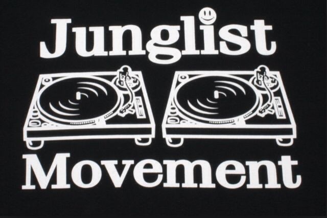 two turntables with the words junglest movement printed on them in white ink