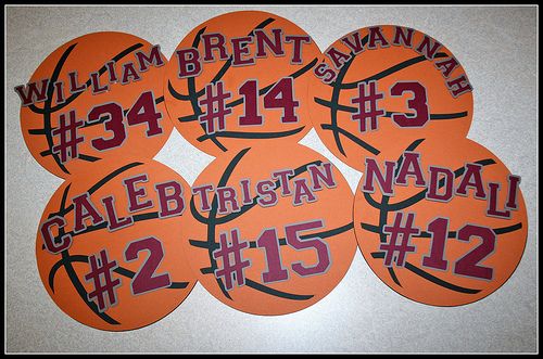 six basketball stickers with names and numbers on them