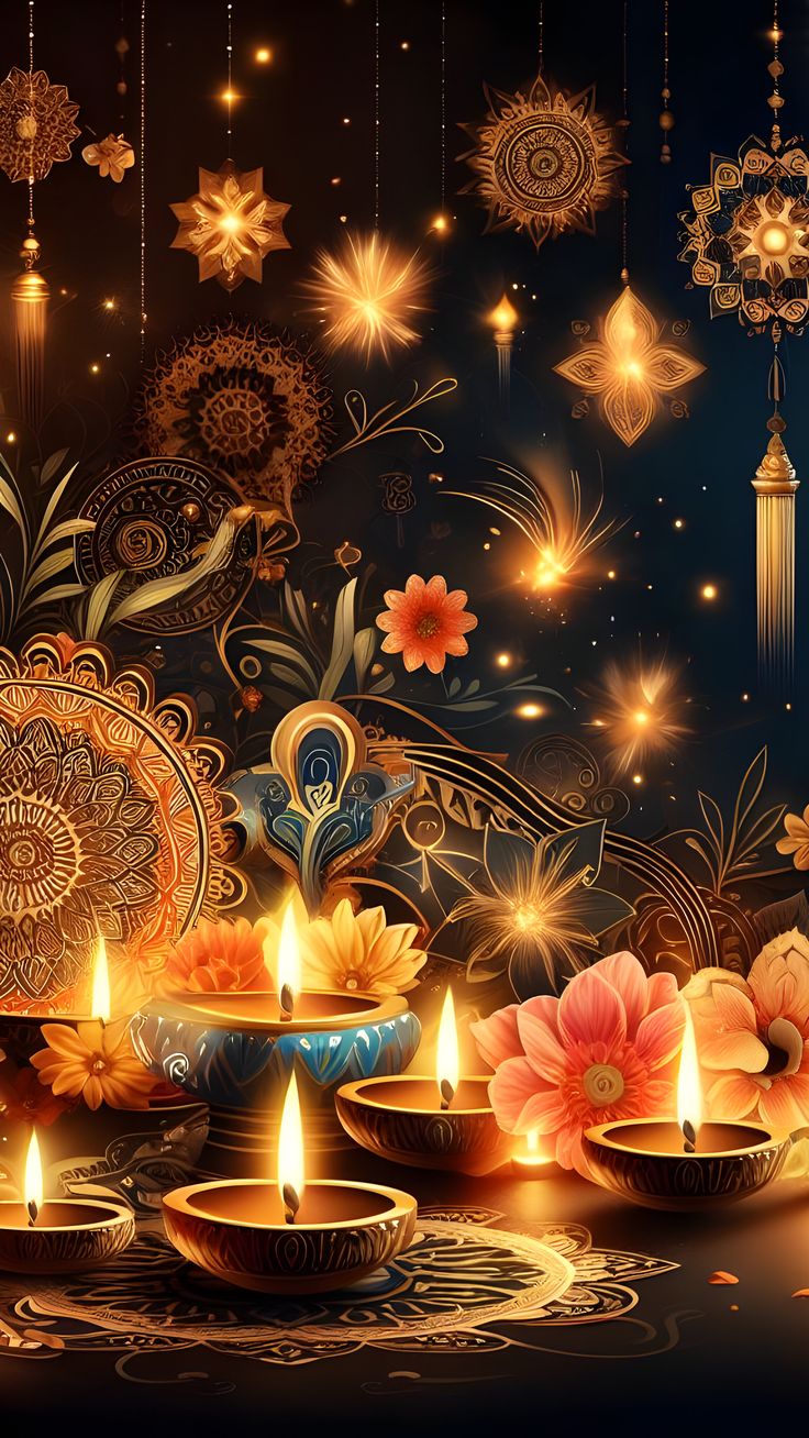 candles are lit in front of a decorative background