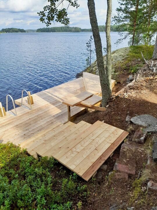 a wooden dock sitting on top of a lake