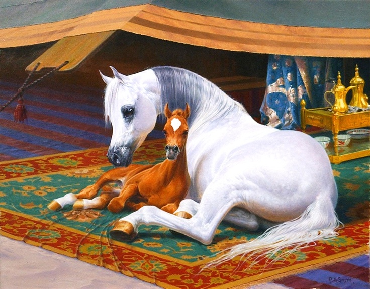 a painting of a white horse laying on top of a rug next to a brown horse