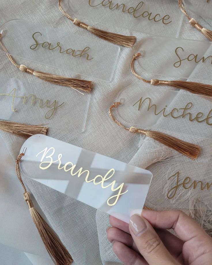 #bridesmaidbox on Instagram | Hashtags Custom Acrylic Bookmarks, Personalized Acrylic Bookmark, Acrylic Gifts Ideas, Gifts Using Cricut, Gold Acrylic Sign, Acrylic Bookmark Ideas, Cricut Wedding Projects, Acrylic Bookmarks, Book Journaling