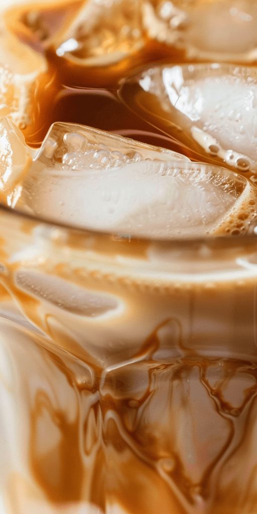 some ice cubes are in a glass with liquid on top and brown swirling around them