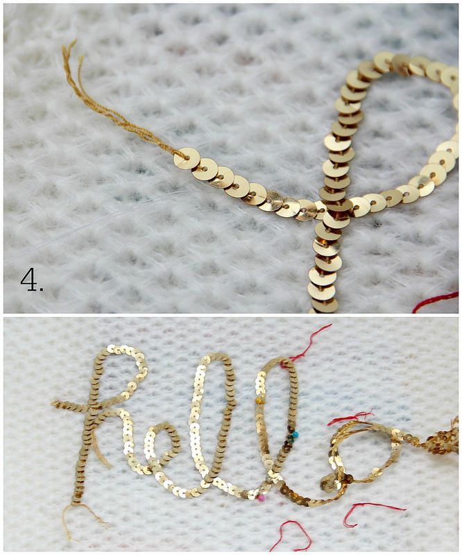 two pictures showing how to make the word hello spelled out of gold wire and thread