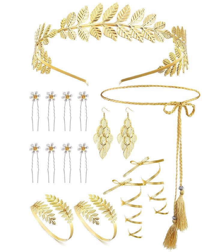 PRICES MAY VARY. SURPRISE GREEK GODDESS COSTUME: You will receive 1 piece of leaf crown, 2 pieces of leaf armbands, 1 pair of leaf earrings, 1 piece of gold belt, 1 piece of leg wrap, and 8 piece of hair clips; Elegant accessories can meet your wedding and cosplay needs. GREEK GODDESS ACCESSORIES: These hairpieces, earring, coil bracelets are all designed with laurel leaves shape, easy to match well with Greek style clothing; The gold waist belt and leg wraps can match your robe and shoes, to sh Greek Goddesses Costume, Goddess Costume Accessories, Greek Goddess Wedding, Greek Goddess Crown, Goddess Accessories, Leaves Crown, Greek Accessories, Goddess Wedding, Gold Waist Belt