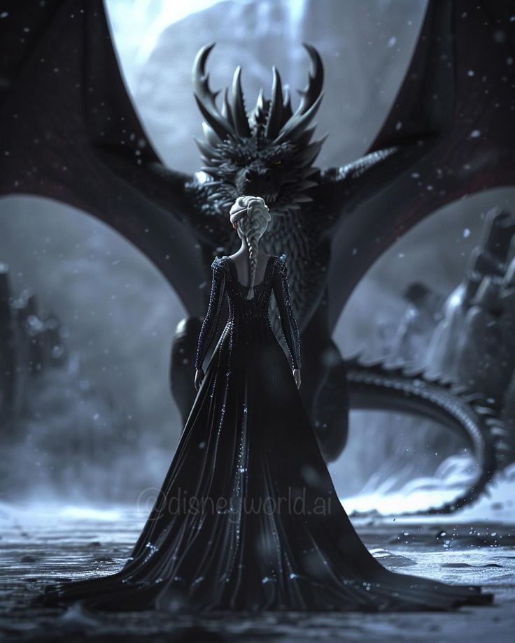 a woman standing in front of a giant dragon