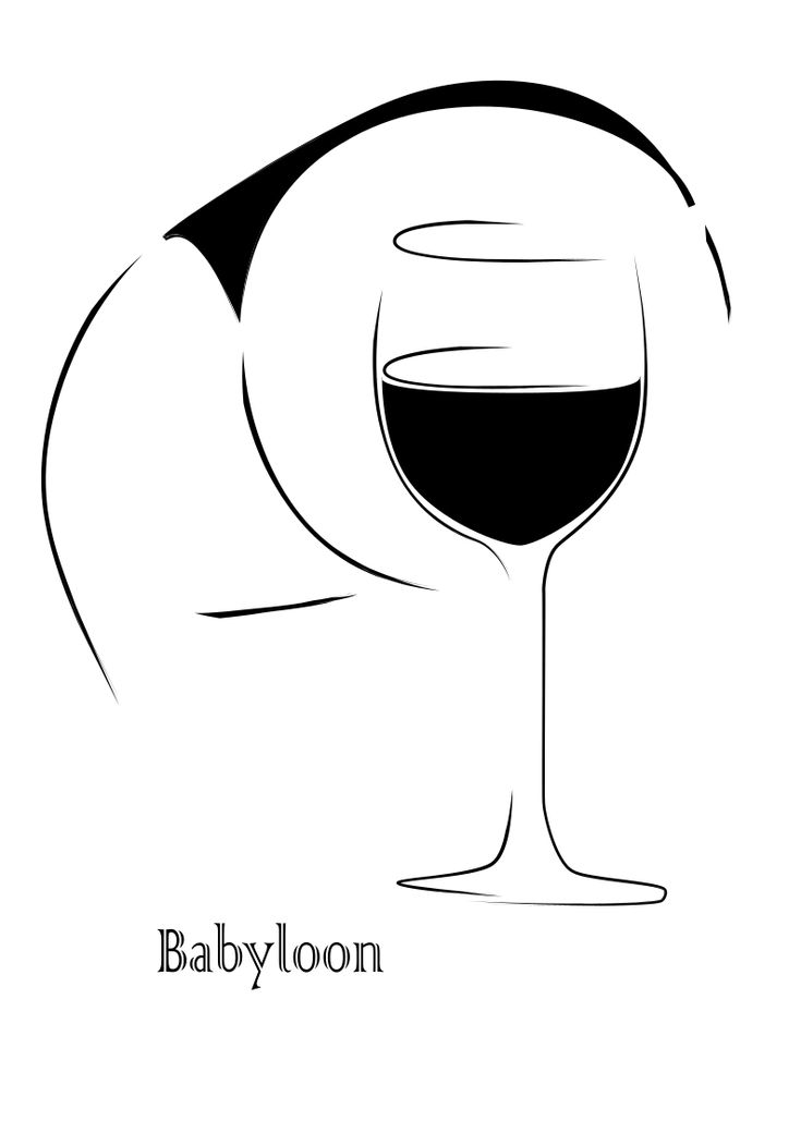 a glass of wine with the word babyloon written in black on a white background