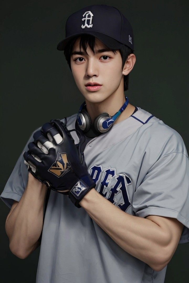 a baseball player is posing for a photo with his gloves on and headphones in his hands