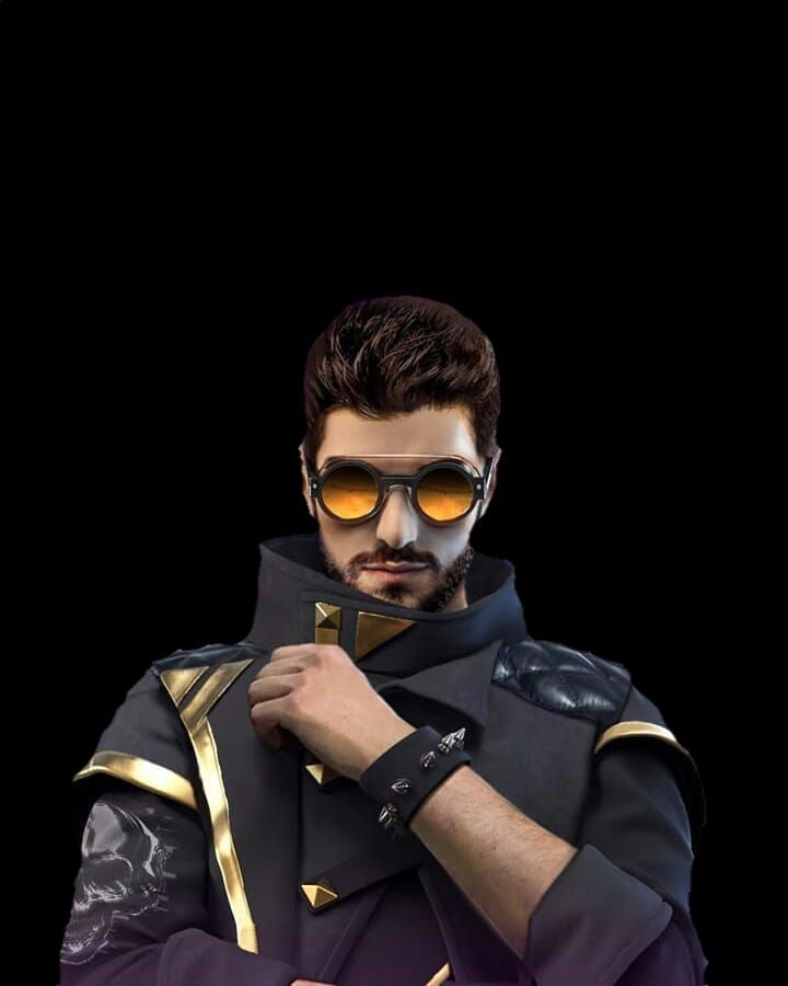 a man wearing sunglasses and a suit with gold trimmings on his chest, standing in front of a black background