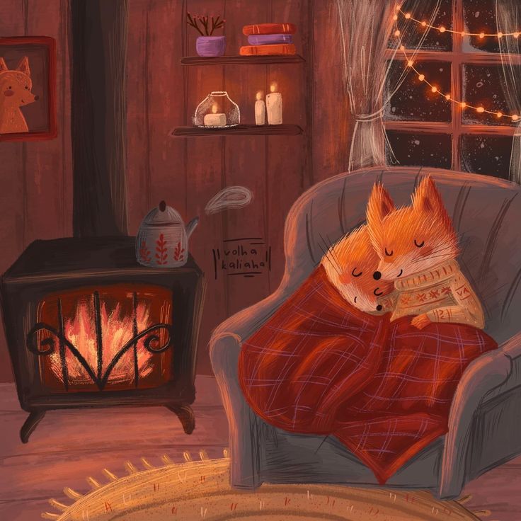 a painting of two foxes wrapped in blankets sitting on a chair next to a fire place