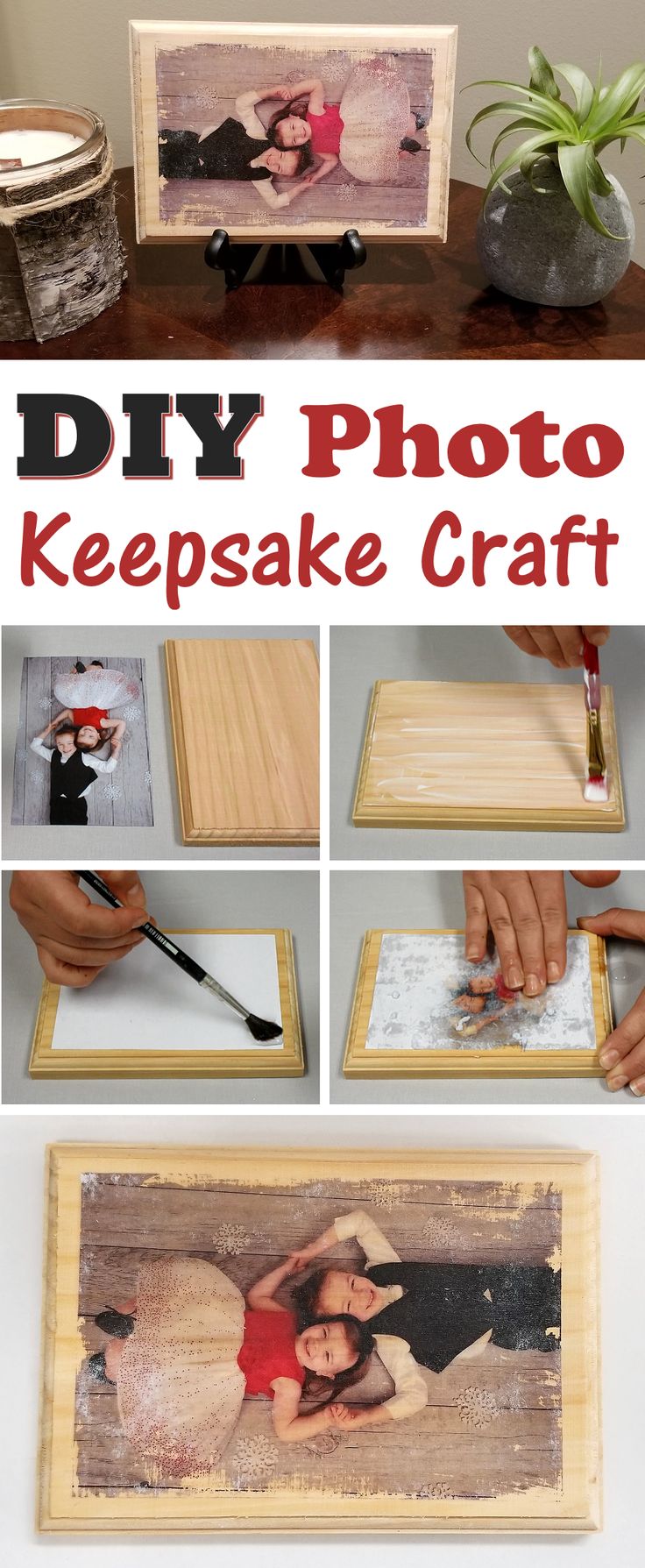 the instructions to make a diy photo keepsake craft with wood and glues