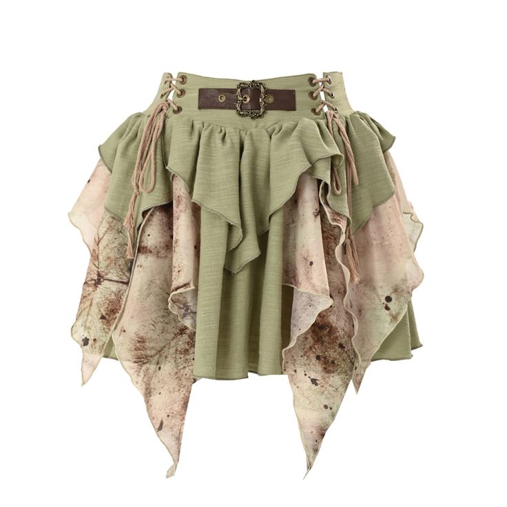 Transform yourself into an enchanting forest fairy with this green skirt. Featuring layered and cascading ruffles, this skirt is a vision of whimsical elegance. The vintage buckle at the waist adds a touch of timeless charm, while the lace-up details at the banded waist offer a perfect fit and an extra dash of sophistication.   	 		 			Size 			S 			M 			L 		 		 			Waist 			64-70 			68-74 			72-78 		 		 			Full Length(Front/Back) 			37/39 			38/40 			39/41 Cheap Fitted Patchwork Mini Skirt, Fairy Kei Tiered Ruffled Skirt, Spring Fairycore Ruffled Skirt, Spring Fairycore Skirt With Ruffles, Fitted Green Skirt With Ruffle Hem, Green Mini Skirt With Ruffles, Fitted Green Mini Skirt With Ruffles, Green Fitted Mini Skirt With Ruffles, Steampunk Tiered Ruffled Skirt