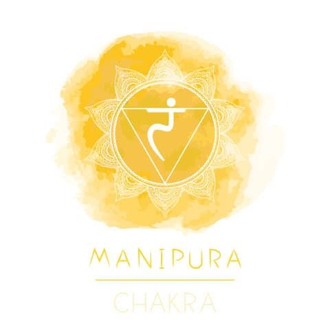 the chakra symbol in yellow watercolor on a white background with words manupra