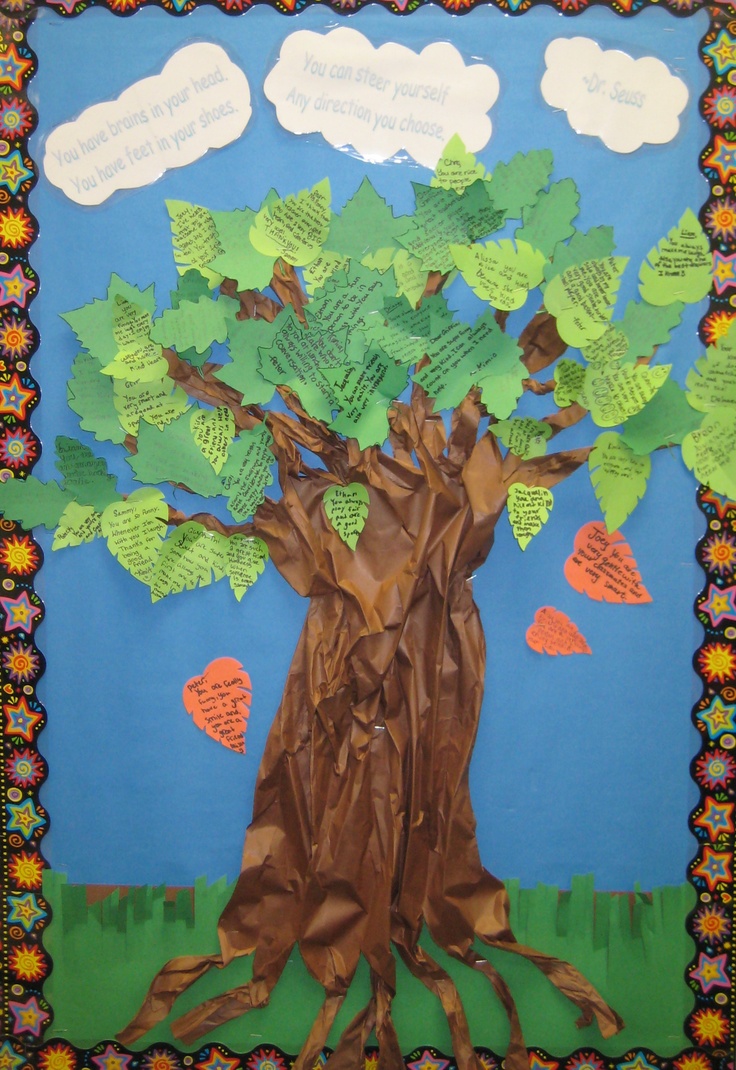 a tree made out of brown paper with writing on the leaves and clouds above it