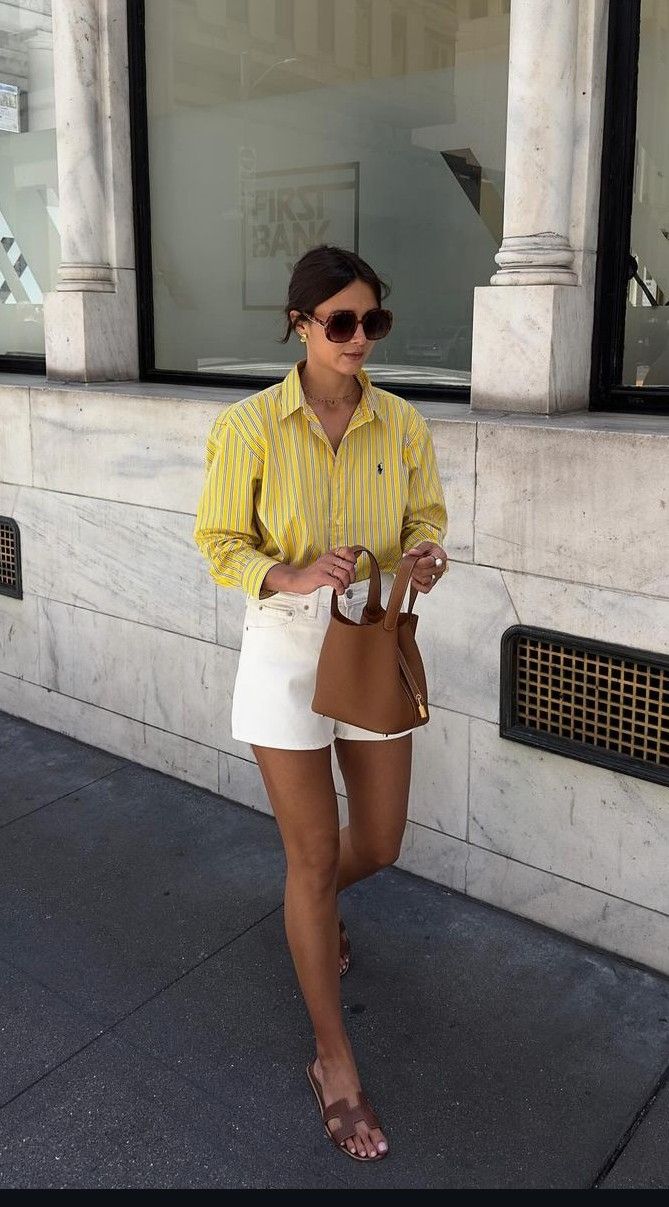 Summer 2024 Europe Outfits, Yellow Polo Shirt Outfit Woman, Butter Yellow Outfit, Wimbledon Outfit, Hermes Slides, Classic Style Outfits, Pondicherry, Effortlessly Chic Outfits, Causal Outfits