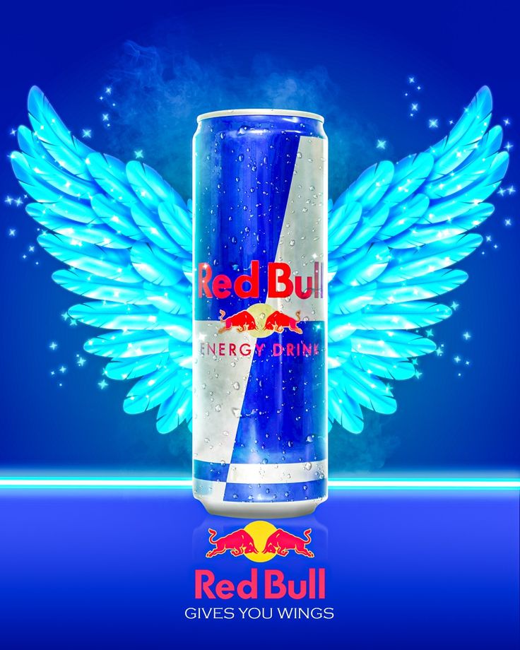 red bull energy drink with wings on blue background