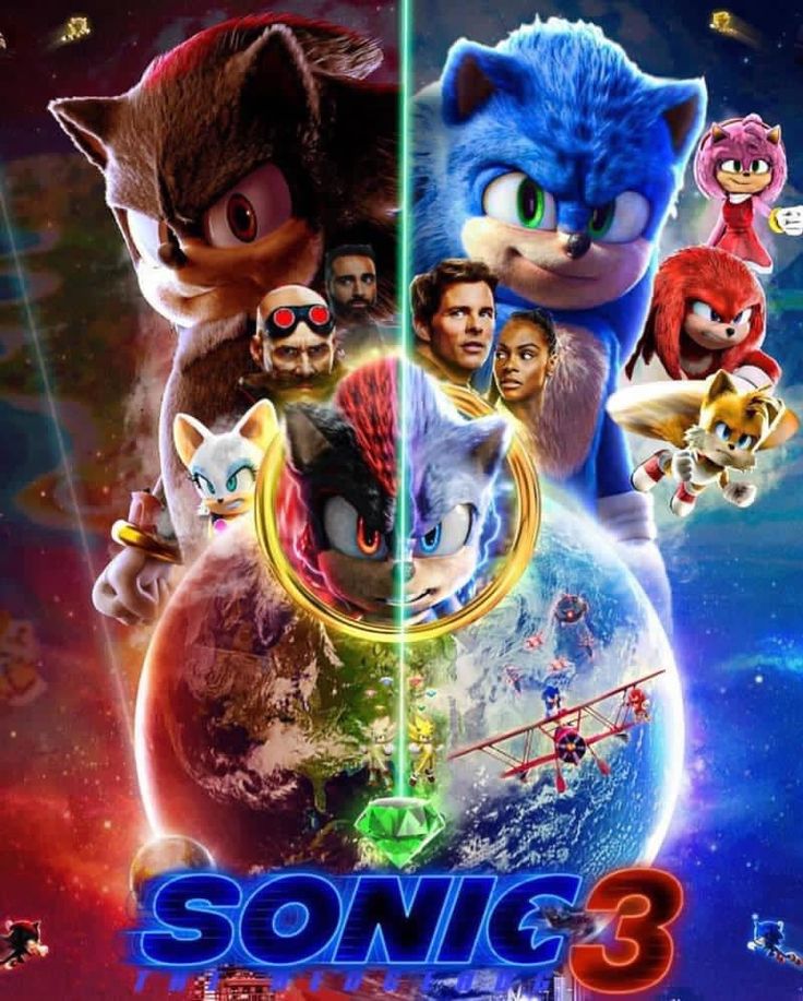 sonic the hedgehog movie poster with many characters in space and on top of each other