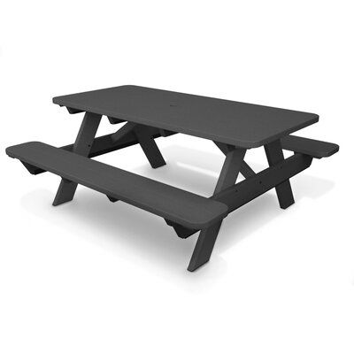 a black picnic table with two benches on each side and one bench at the end