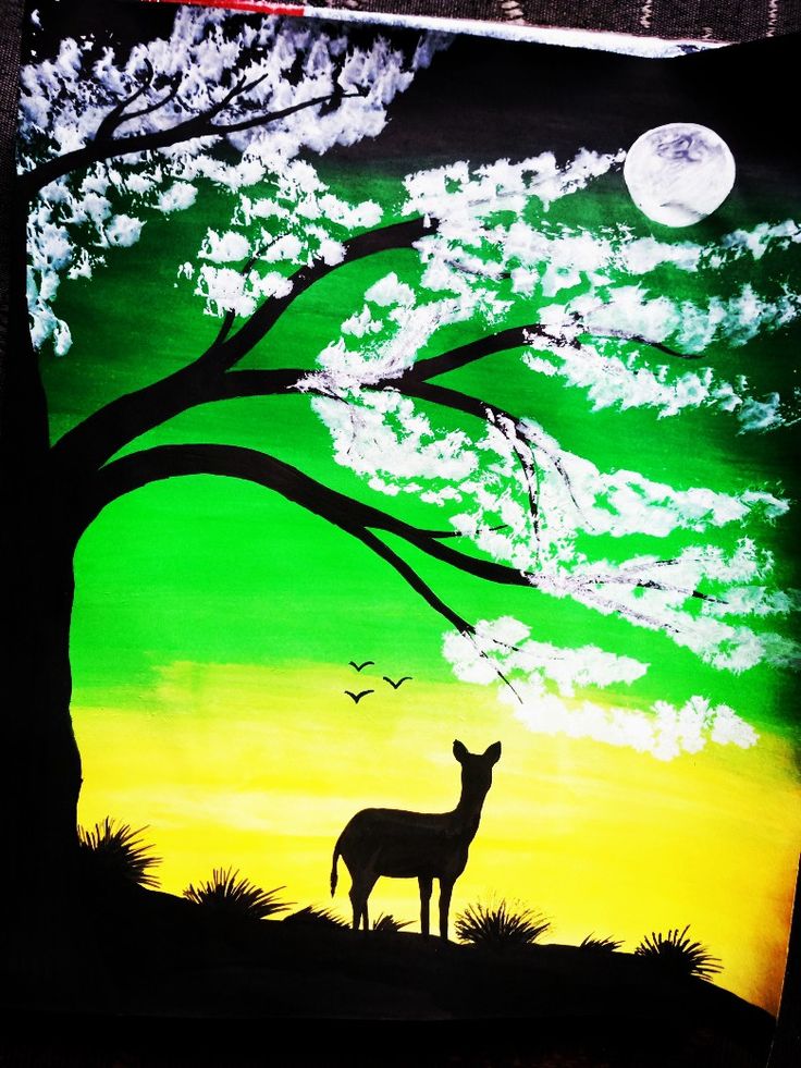 a painting of a deer standing under a tree